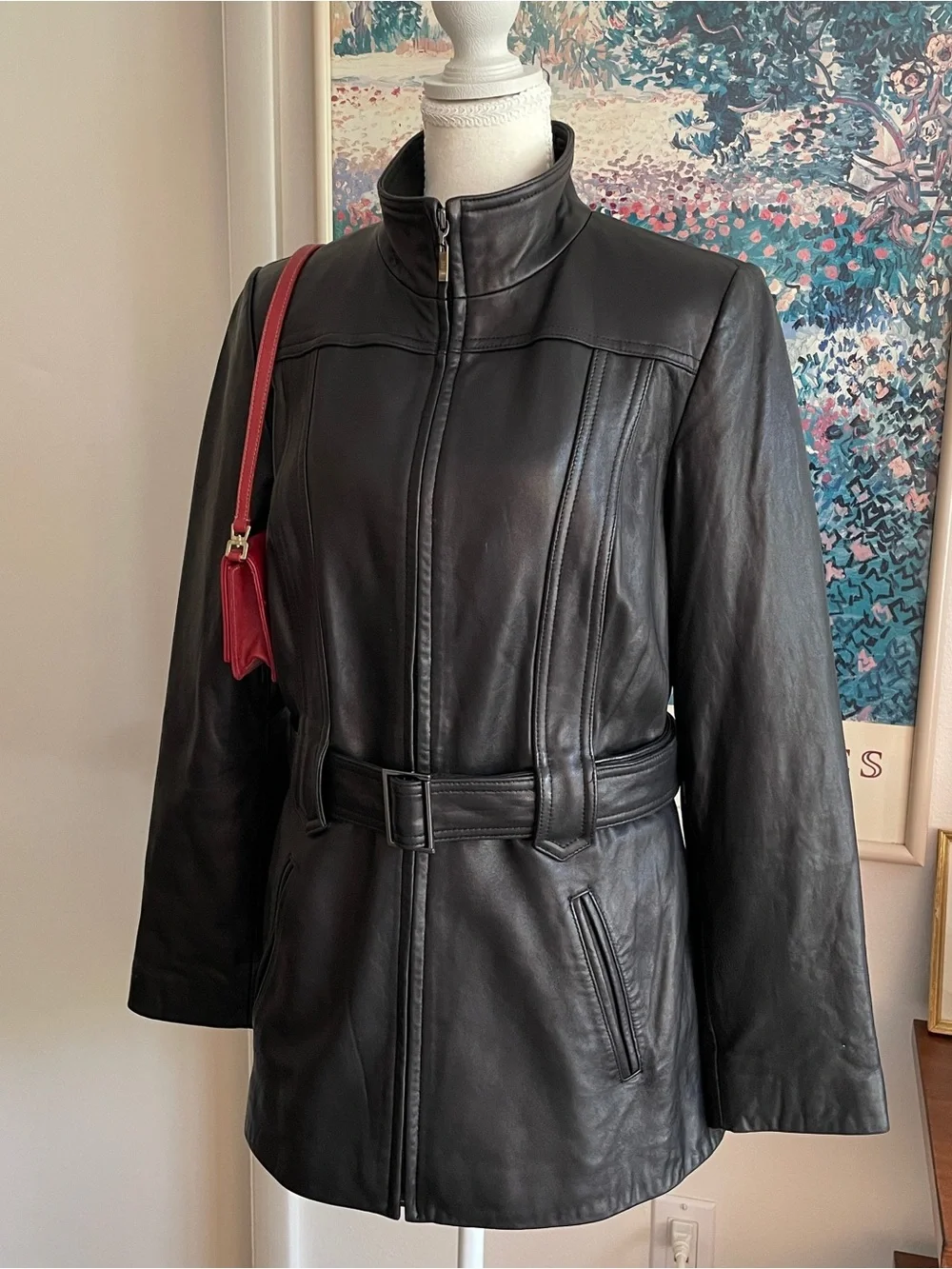 VTG Y2K Genuine Leather Jacket Womens Medium Black Belted Moto Biker Mock Neck